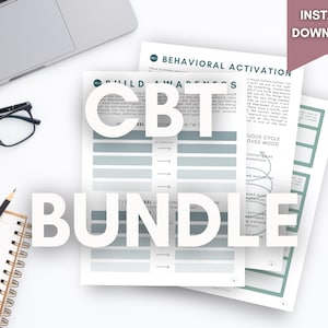 Peut inclure: Fond blanc avec un ordinateur portable, des lunettes, un carnet et un crayon. Plusieurs feuilles de papier avec le texte "CBT BUNDLE" sont empilées. Les papiers ont des barres horizontales turquoise et grises et les mots "Behavioral Activation". Une bannière indique "Téléchargement instantané".