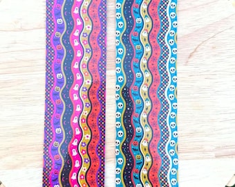 Colorful Halloween Bookmark, Spooky Ghosts Skulls and Pumpkins, Laminated 2x7 Bookmark, Purple Pink or Teal Mustard