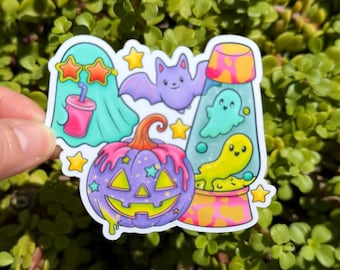 Neon Retro Halloween Sticker, Cute Ghost Pumpkin Bat & Lava Lamp Decal, 2 or 3 Inch, Clear or Holographic Overlay