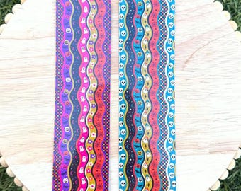 Colorful Halloween Bookmark, Spooky Ghosts Skulls and Pumpkins, Laminated 2x7 Bookmark, Purple Pink or Teal Mustard
