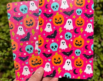 Pink Halloween E-Reader Insert, Cute Ghosts Bats and Skulls, Colorful Spooky Reader Accessory, Clear or Holographic Overlay