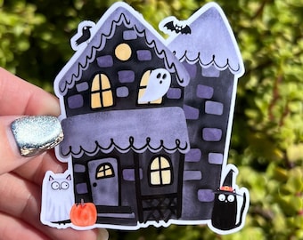 Haunted House Sticker, Cute Halloween Ghost Cat Bat Vinyl Decal, Spooky Season Sticker, Water-Resistant Laptop Planner Gift