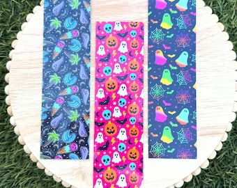 Neon Ghost Bookmark, Spooky Bats Pumpkins and Spiderwebs, Laminated 2x7 Reader Gift, Square or Rounded Corners