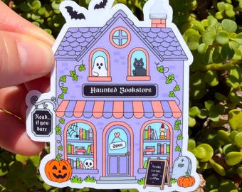 Haunted Bookstore Sticker, Spooky Bookshop Sticker, Halloween Book Lover Gift, Ghost Reader Sticker, Witchy Bookish Decor