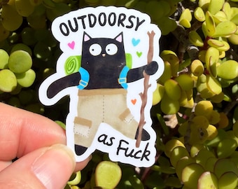 Funny Outdoorsy as F*ck Sticker, Hiking Cat Sticker, Adventure Sticker, Camping Sticker, Nature Lover Decal, Laptop Water Bottle