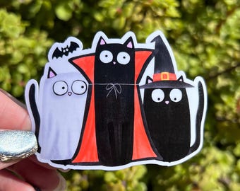 Halloween Cat Sticker, Cute Ghost Witch Vampire Cats Vinyl Decal, Water-Resistant Cat Mom Sticker, Spooky Season Gift