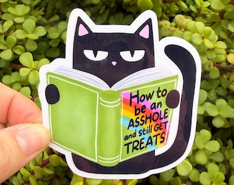 Sassy Cat Reading Sticker – “How to Be an A**hole” Pet Humor Decal | 2” or 3” | Clear or Holographic Overlay | Funny Cat Lover Gift