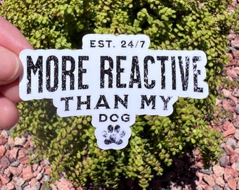 More Reactive Than My Dog Sticker, Funny Reactive Dog Mom Decal, Pet Parent Humor, 2 or 3 Inch, Clear or Holographic
