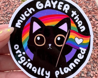 Funny Gay Pride Sticker: Black Cat with Rainbow Flag