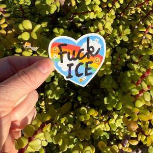 以下が含まれることがあります： 虹色のデザインと黒い文字で「Fuck ICE」と書かれたハート型のステッカー。ステッカーには笑顔と小さな花のグラフィックも付いています。ステッカーは緑の植物を背景に保持されています。