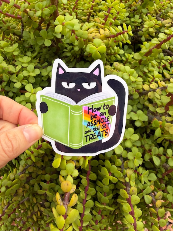 Sassy Cat Reading Sticker – “How to Be an A**hole” Pet Humor Decal | 2” or 3” | Clear Overlay | Funny Cat Lover Gift