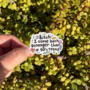 May include: A white die-cut sticker featuring the black text Bitch I come back stronger than a 90's trend surrounded by colorful illustrations of a yin-yang, crown, peace sign, lightning bolt, star, pacifier, and geometric zigzag shapes.