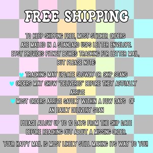 May include: A square graphic with a checkered background in pastel pink, yellow, green, blue, and grey. The text reads: FREE SHIPPING. TO KEEP SHIPPING FREE, MOST STICKER ORDERS ARE MAILED IN A STANDARD USPS LETTER ENVELOPE. ETSY PROVIDES PITNEY BOWES TRACKING FOR LETTER MAIL, BUT PLEASE NOTE: TRACKING MAY UPDATE SLOWLY OR SKIP SCANS. ORDERS MAY SHOW DELIVERED BEFORE THEY ACTUALLY ARRIVE. MOST ORDERS ARRIVE SAFELY WITHIN A FEW DAYS OF AN EARLY DELIVERY SCAN. PLEASE ALLOW UP TO 10 DAYS FROM THE SHIP DATE BEFORE REACHING OUT ABOUT A MISSING ORDER. YOUR HAPPY MAIL IS MOST LIKELY STILL MAKING ITS WAY TO YOU!
