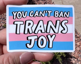 You Can’t Ban Trans Joy Sticker, Trans Pride Decal, LGBTQIA+ Support Sticker, 2 or 3 Inch, Clear or Holographic Overlay