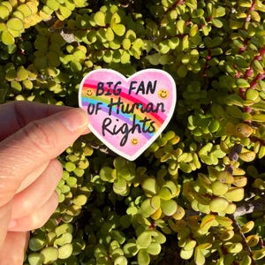 May include: A heart-shaped sticker with the text "BIG FAN OF Human Rights" in black and purple. The sticker has a rainbow and smiley faces. The sticker is held in front of a background of green leaves.