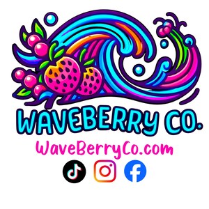 May include: A colorful graphic logo featuring a stylized blue wave and pink berries. The text WAVEBERRY CO. appears in bold blue letters, followed by the website WaveBerryCo.com and icons for TikTok, Instagram, and Facebook on a white background.