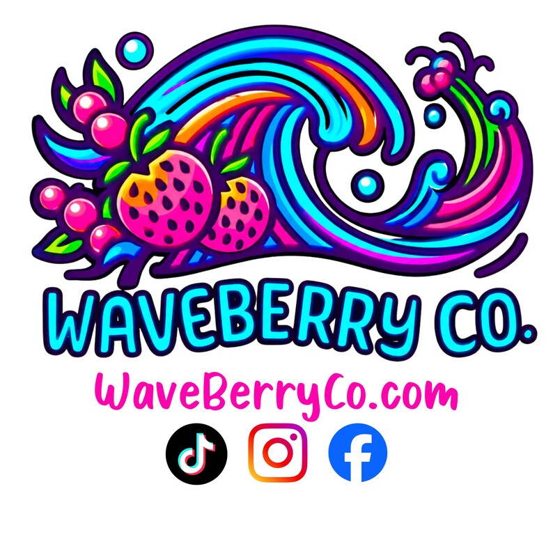 May include: A colorful graphic logo featuring a stylized blue wave and pink berries. The text WAVEBERRY CO. appears in bold blue letters, followed by the website WaveBerryCo.com and icons for TikTok, Instagram, and Facebook on a white background.