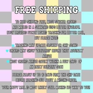 May include: A square graphic with a checkered background in pastel pink, yellow, green, blue, and grey. The text reads: FREE SHIPPING. TO KEEP SHIPPING FREE, MOST STICKER ORDERS ARE MAILED IN A STANDARD USPS LETTER ENVELOPE. ETSY PROVIDES PITNEY BOWES TRACKING FOR LETTER MAIL, BUT PLEASE NOTE: TRACKING MAY UPDATE SLOWLY OR SKIP SCANS. ORDERS MAY SHOW DELIVERED BEFORE THEY ACTUALLY ARRIVE. MOST ORDERS ARRIVE SAFELY WITHIN A FEW DAYS OF AN EARLY DELIVERY SCAN. PLEASE ALLOW UP TO 10 DAYS FROM THE SHIP DATE BEFORE REACHING OUT ABOUT A MISSING ORDER. YOUR HAPPY MAIL IS MOST LIKELY STILL MAKING ITS WAY TO YOU!