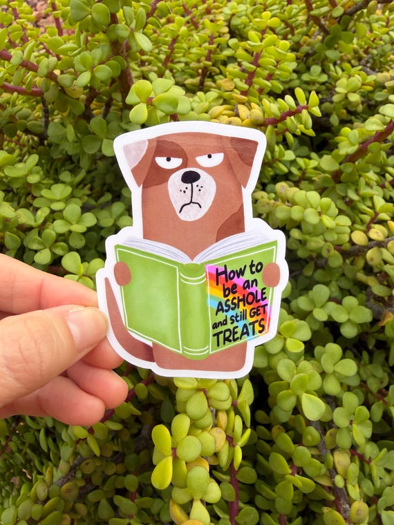 Funny Grumpy Dog Sticker | Dog Mom Humor Vinyl Decal | Pet Attitude Sticker “How to Get Treats” | Bookish Dog Lover Gift | 2” or 3”