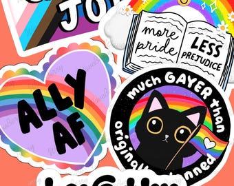 Pride Sticker Bundle, 5 LGBTQIA+ Ally Stickers, Queer Joy Rainbow Decals, 2 or 3 Inch, Clear or Holographic