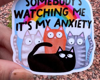 Anxiety Cat Sticker: Glossy Vinyl Mental Health Design