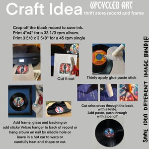 Op de afbeelding: Een stapsgewijze handleiding voor het upcyclen van vinylplaten in kunst. De afbeelding toont instructies voor het afdrukken, snijden en monteren van plaatkunst, inclusief inlijsten en het toevoegen van een klittenbandhanger. De tekst bevat afmetingen in inches.