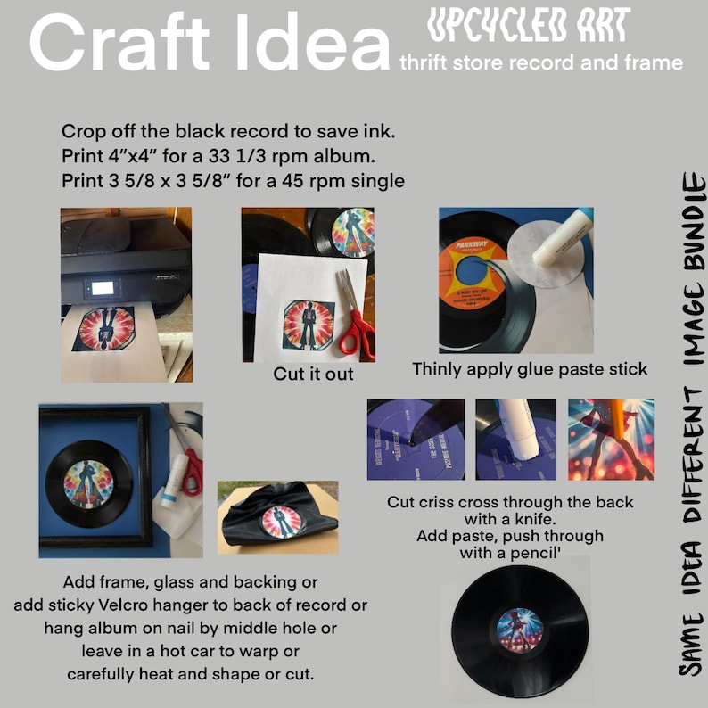 Op de afbeelding: Een stapsgewijze handleiding voor het upcyclen van vinylplaten in kunst. De afbeelding toont instructies voor het afdrukken, snijden en monteren van plaatkunst, inclusief inlijsten en het toevoegen van een klittenbandhanger. De tekst bevat afmetingen in inches.