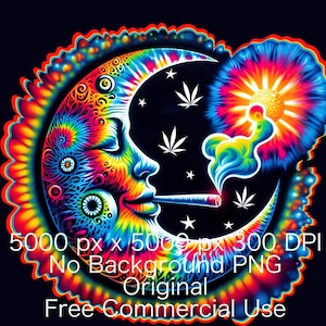May include: A colorful illustration of a crescent moon with a face, smoking a lit cigarette. The moon is surrounded by a vibrant, tie-dye pattern with cannabis leaves and stars on a black background. Text at the bottom reads "Free Commercial Use".