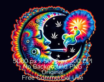 Marijuana Moon Sun and Stars PNG Image Groovy Tie Dye Cannabis Shirt Design Celestial Stoner Digital Download Clip Art Colorful Weed Moon