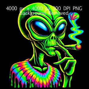 May include: A green alien with large eyes and a skull-like face is smoking a joint. The alien is wearing a tie-dye shirt and has a green and blue smoke trail coming from the joint.