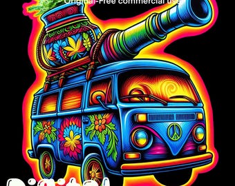 Groovy Hippie Van PNG/ Psychedelic Cannabis Digital Art/ Neon Loaded Bus/ 420 Sublimation PNG/ Commercial Use