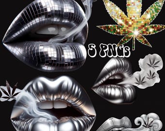 Metallic Silver and Disco Ball Lip Art PNG Bundle, Bold Glam Wall Art, Commercial Use Immediate Digital Download