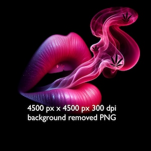 May include: A digital illustration depicts a pair of pink lips emitting pink smoke, with three black cannabis leaves within the smoke. The image is set against a black backdrop and includes text at the bottom.