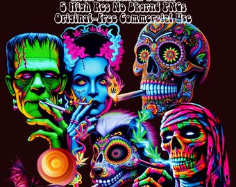 Neon Halloween Art Bundle/ Weed Clip Art/ Sugar Skull Skunk Frankenstein Bat Mummy/High Res PNGs/Commercial Use/ Printable Party Decor