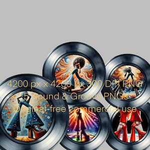 Może przedstawiać: Kolekcja pięciu okrągłych obrazów w stylu retro disco. Każdy obraz przedstawia stylizowaną ilustrację osoby w butach na platformie i spodniach dzwonach. Obrazy są umieszczone w ciemnoszarej okrągłej ramce. Tekst na obrazie brzmi "4200 px x 4200 x 300 DPI PNG" i "5 Round & Groovy PNGs".