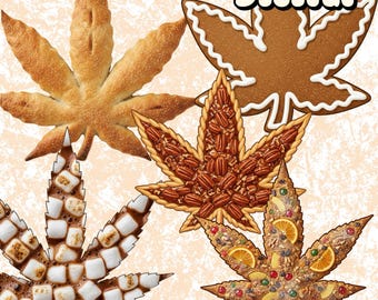 Holiday Treats 420 Digital Leaf Art Bundle- 5 Sweet Cannabis Clip Art PNGs for Christmas Baking Crafts