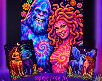 Black Light Poster Set of 3, Psychedelic Neon Fantasy Printable Wall Art, Celestial Decor, Digital Download