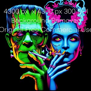 May include: A colourful digital art print depicting Frankenstein's monster and his bride, both smoking cigarettes. The artwork uses neon green, blue, pink, and yellow against a black backdrop. Text at the top reads "4300 px x 4300 px 300 DPI Background Removed Original Free Commercial Use."