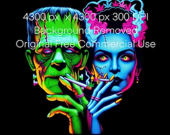 Neon Stoner Frankensteins PNG Image Psychedelic Halloween Clip Art Weed Printable Marijuana Wall Art Classic Monster Smoking Shirt Design