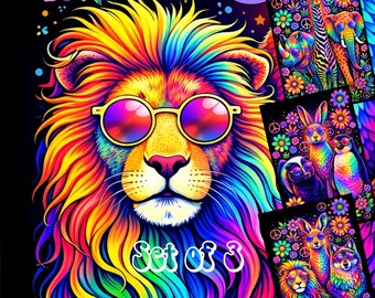 Black Light Poster Set of 3, Psychedelic Neon Animals Printable Wall Art, Celestial Decor, Digital Download