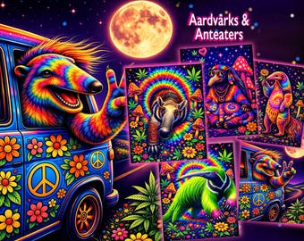 Psychedelic Aardvark and Anteater Posters (Set of 5) – Black Light Tie Dye Wall Art (Digital Download) - Hippie Room Decor