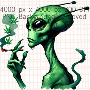 Könnte beinhalten: Ein grüner Außerirdischer mit großen Augen und einem langen Schwanz raucht eine Zigarette. Der Außerirdische hält die Zigarette in seiner rechten Hand und hat ein grünes Blatt im Mund. Der Außerirdische ist von grünen Blättern umgeben.
