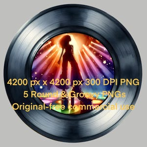 Op de afbeelding: Een digitale afbeelding van een discodanser in silhouet tegen een kleurrijke achtergrond, geplaatst in een vinylplaatframe. De afbeelding bevat tekst die aangeeft dat het een PNG-bestand is met afmetingen van 4200 x 4200 pixels.