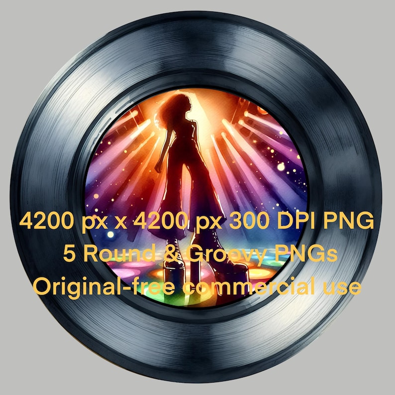 Op de afbeelding: Een digitale afbeelding van een discodanser in silhouet tegen een kleurrijke achtergrond, geplaatst in een vinylplaatframe. De afbeelding bevat tekst die aangeeft dat het een PNG-bestand is met afmetingen van 4200 x 4200 pixels.