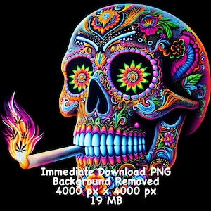May include: A colorful, detailed sugar skull with floral patterns and a cigarette in its mouth. The skull is painted in vibrant colors, including pink, blue, green, and yellow. The background is black.