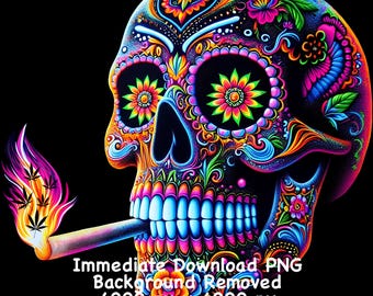420 Neon Sugarskull Digital Download PNG/ Day of the Dead Halloween Printable Festival Party Decor/ Psychedelic Wall Art
