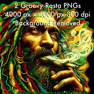 May include: A digital illustration of a person with dreadlocks, wearing a green, yellow, and red patterned shirt, smoking a cigarette. The background is black.