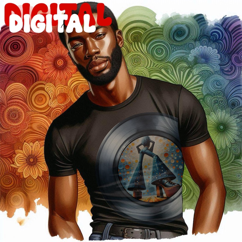Op de afbeelding: Digitale kunst van een zwarte persoon die een zwart t-shirt draagt met een vinylplaat-afbeelding. De achtergrond heeft een kleurrijk bloemen- en abstract ontwerp. Het woord "DIGITAL" staat in witte en rode letters bovenaan.