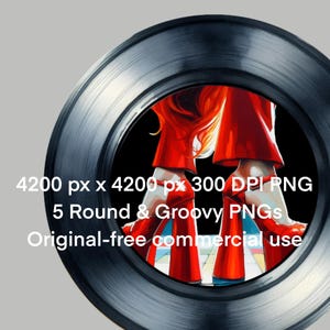 Op de afbeelding: Een zwarte vinylplaat met een kleurrijke afbeelding van een persoon in een rode broek en schoenen. De afbeelding bevat de tekst: 4200 px x 4200 px 300 DPI PNG, 5 Round & Groovy PNGs, Original-free commercial use.