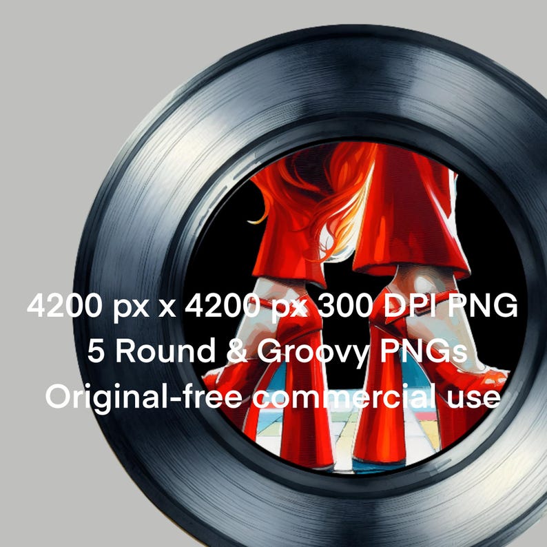 Op de afbeelding: Een zwarte vinylplaat met een kleurrijke afbeelding van een persoon in een rode broek en schoenen. De afbeelding bevat de tekst: 4200 px x 4200 px 300 DPI PNG, 5 Round & Groovy PNGs, Original-free commercial use.